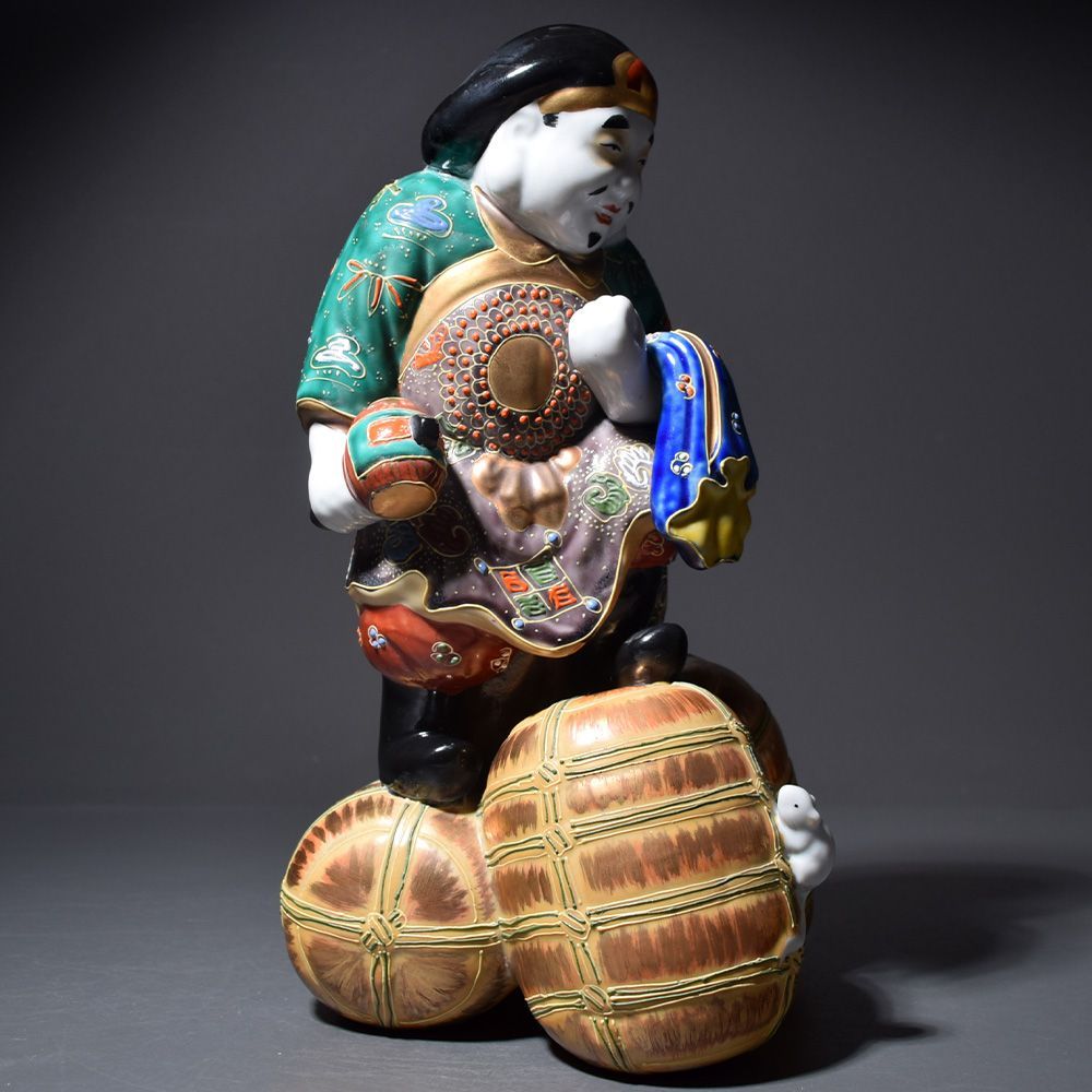 九谷焼 大黒天像 高さ約29cm 色絵金彩 置物 縁起物 細密細工 古美術品