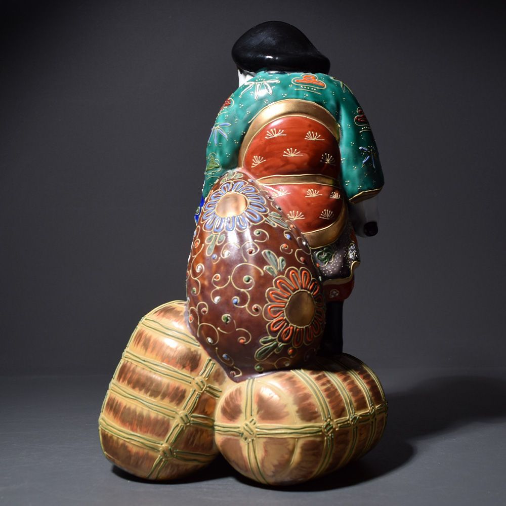 九谷焼 大黒天像 高さ約29cm 色絵金彩 置物 縁起物 細密細工 古美術品