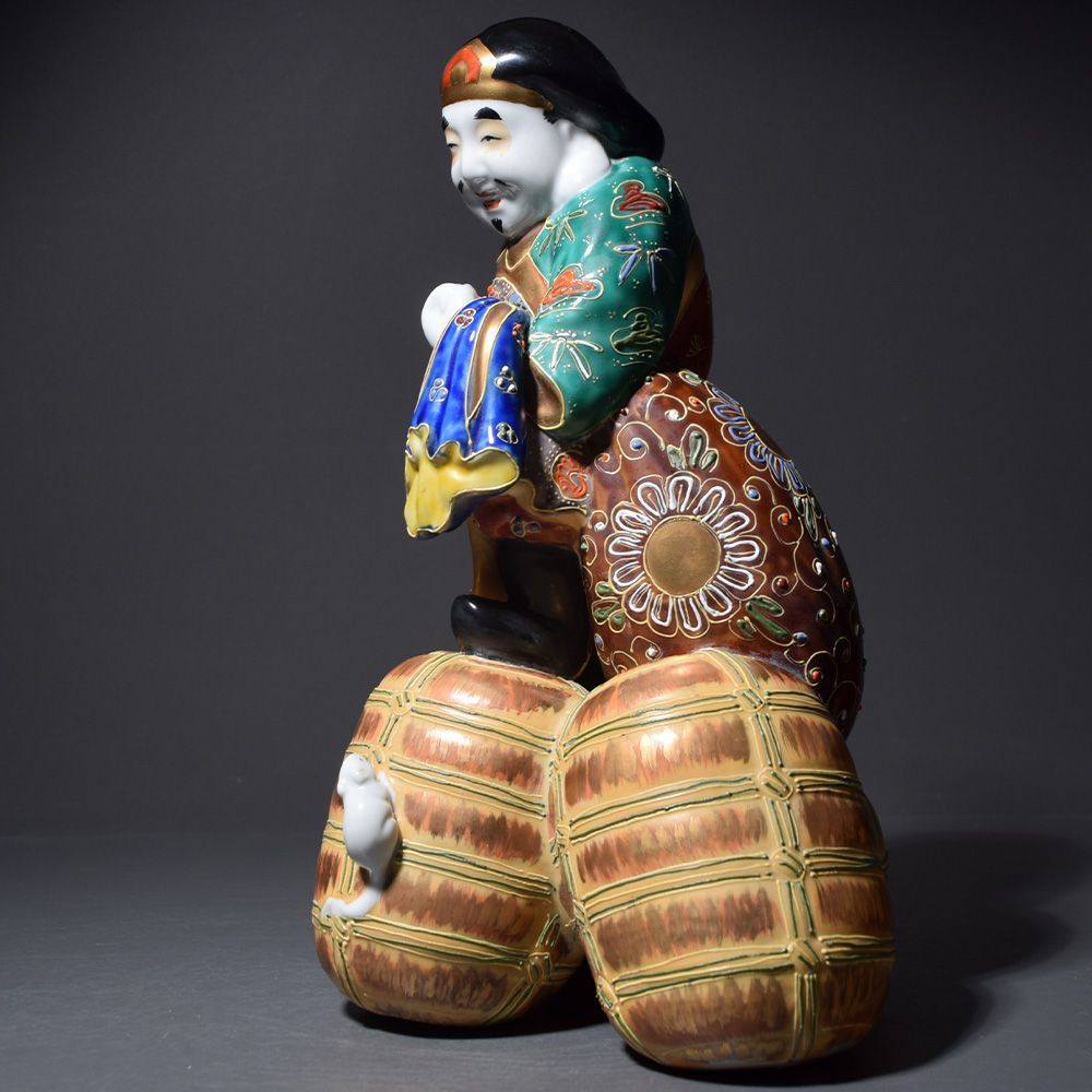九谷焼 大黒天像 高さ約29cm 色絵金彩 置物 縁起物 細密細工 古美術品
