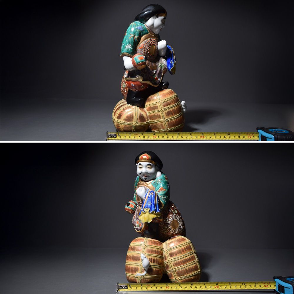 九谷焼 大黒天像 高さ約29cm 色絵金彩 置物 縁起物 細密細工 古美術品