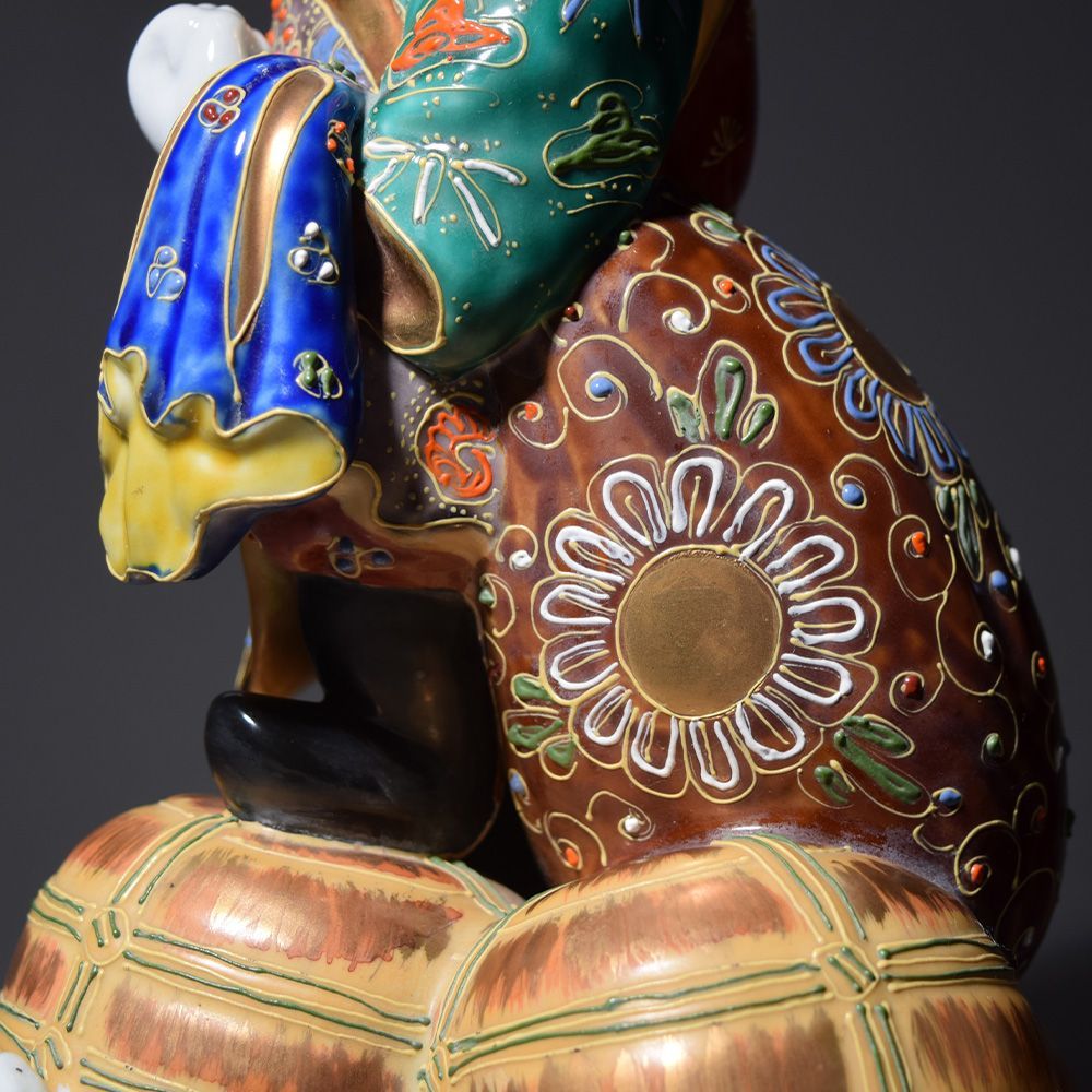 九谷焼 大黒天像 高さ約29cm 色絵金彩 置物 縁起物 細密細工 古美術品