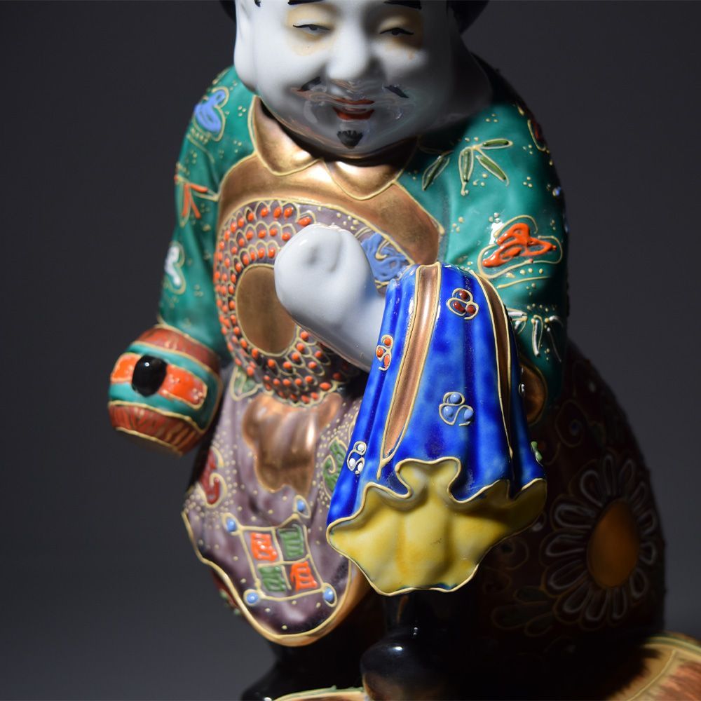 九谷焼 大黒天像 高さ約29cm 色絵金彩 置物 縁起物 細密細工 古美術品