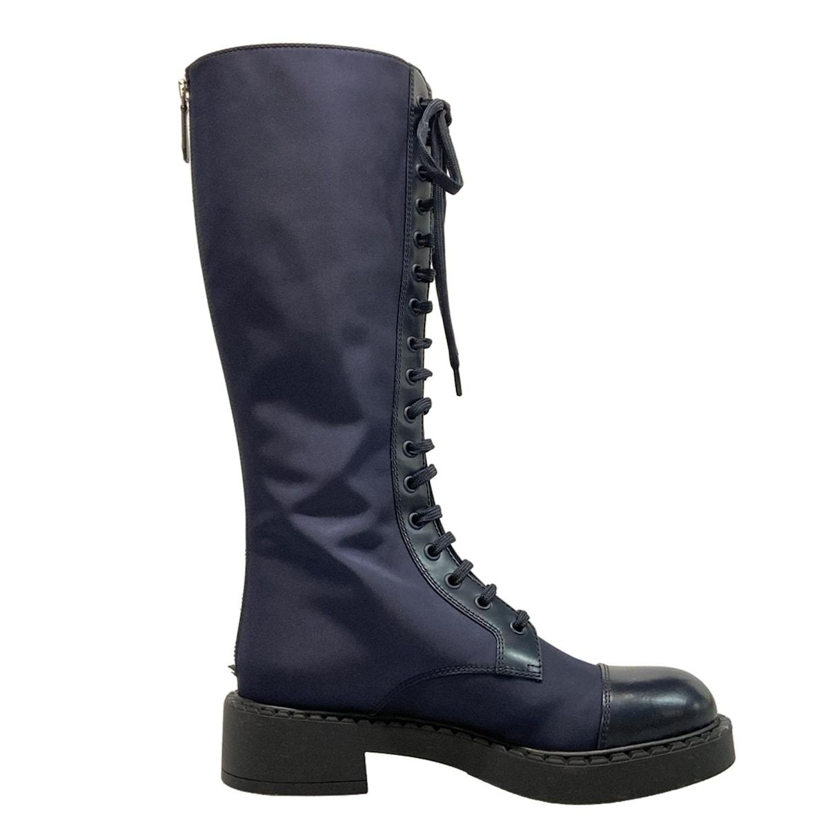 プラダ ロングブーツ 37 1 2 レディース ブラッシュドレザー× Re-Nylon ブーツ W 906 M ネイビー レースアップ リサイクルナイロン