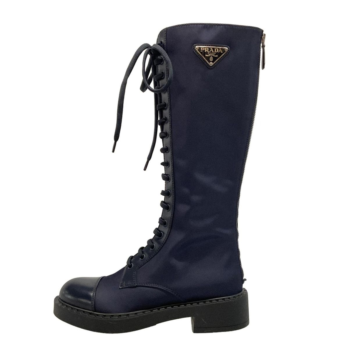 プラダ ロングブーツ 37 1|2 レディース ブラッシュドレザー× Re-Nylon ブーツ 1 W 906 M ネイビー レースアップ|リサイクルナイロン