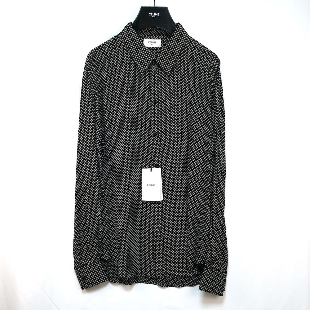 CELINE セリーヌ 総柄 ボタンダウン カジュアル シャツ長袖 ビスコース ブラック 20 FA 735 ♥