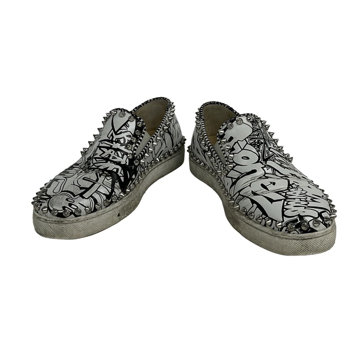 クリスチャンルブタン スリッポン 35 レディース - 白×黒×シルバー スタッズ レザー