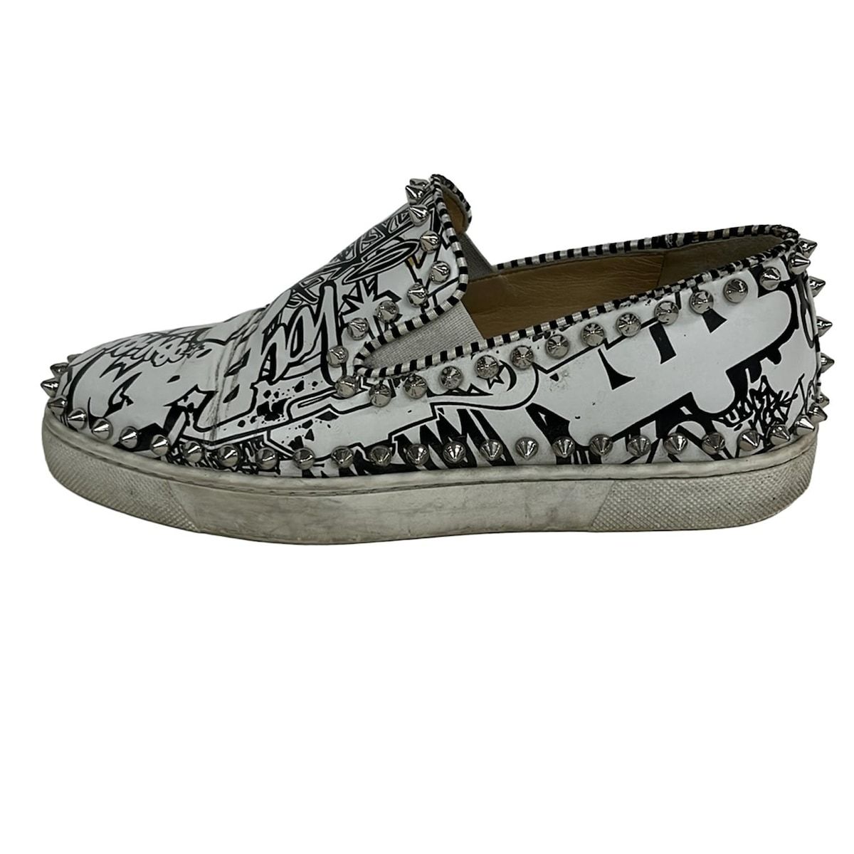 クリスチャンルブタン スリッポン 35 レディース 白 黒 シルバー スタッズ レザー