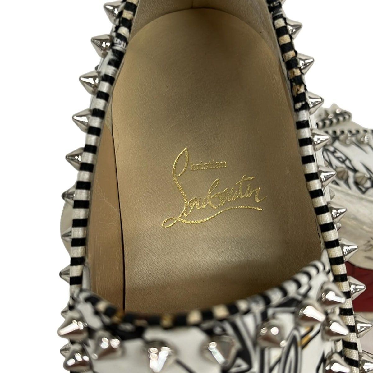  クリスチャンルブタン スリッポン 35 レディース - 白×黒×シルバー スタッズ レザー その他 靴