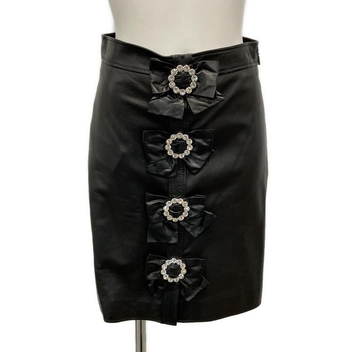 GUCCI グッチ スカート サイズ38 S レディース - 479071 黒 ひざ丈|ラムレザー|ビジュー|リボン