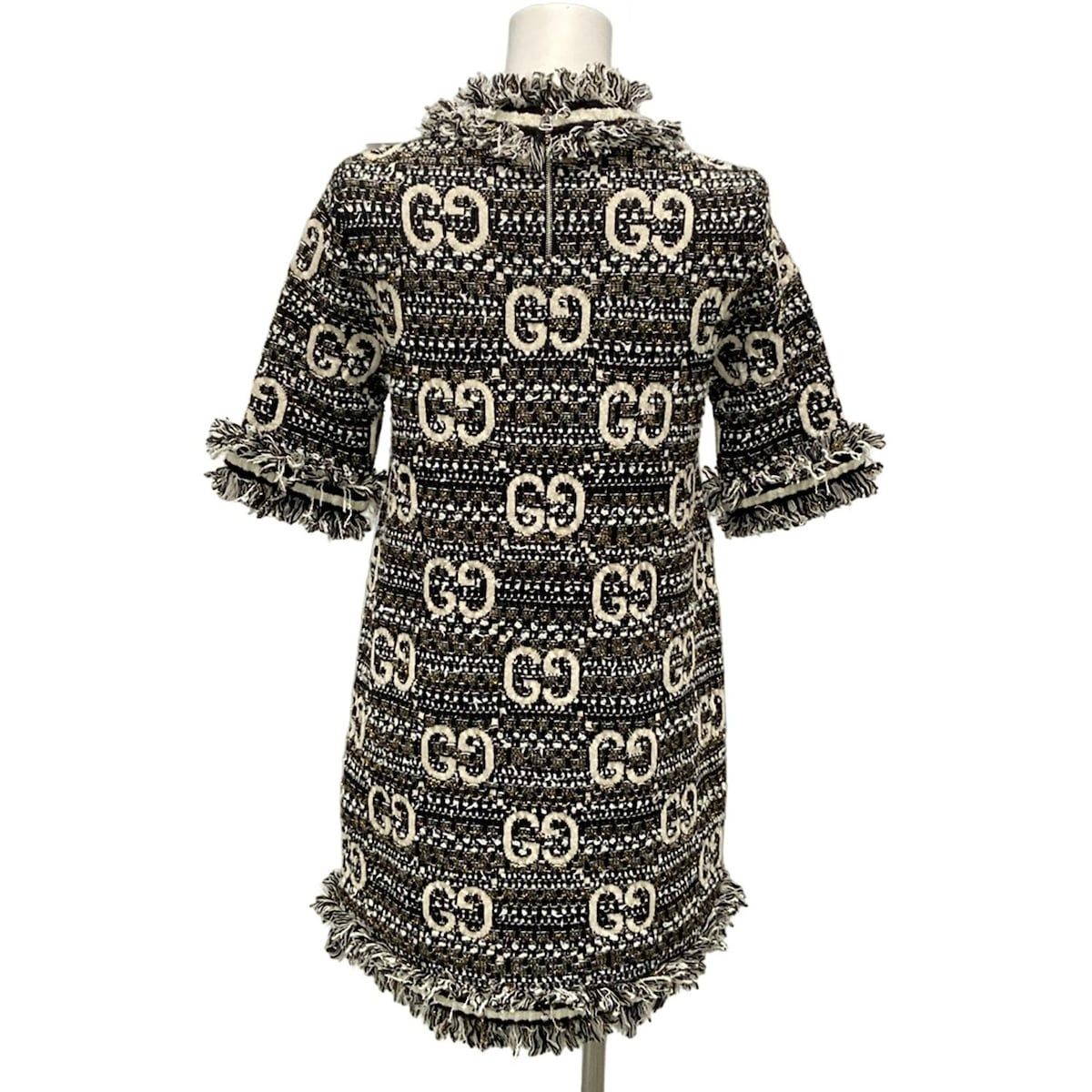 GUCCI グッチ ワンピース サイズXS レディース - 721151 黒×アイボリー×ゴールド 半袖 ひざ丈 ツイード GG柄 コットン ウール