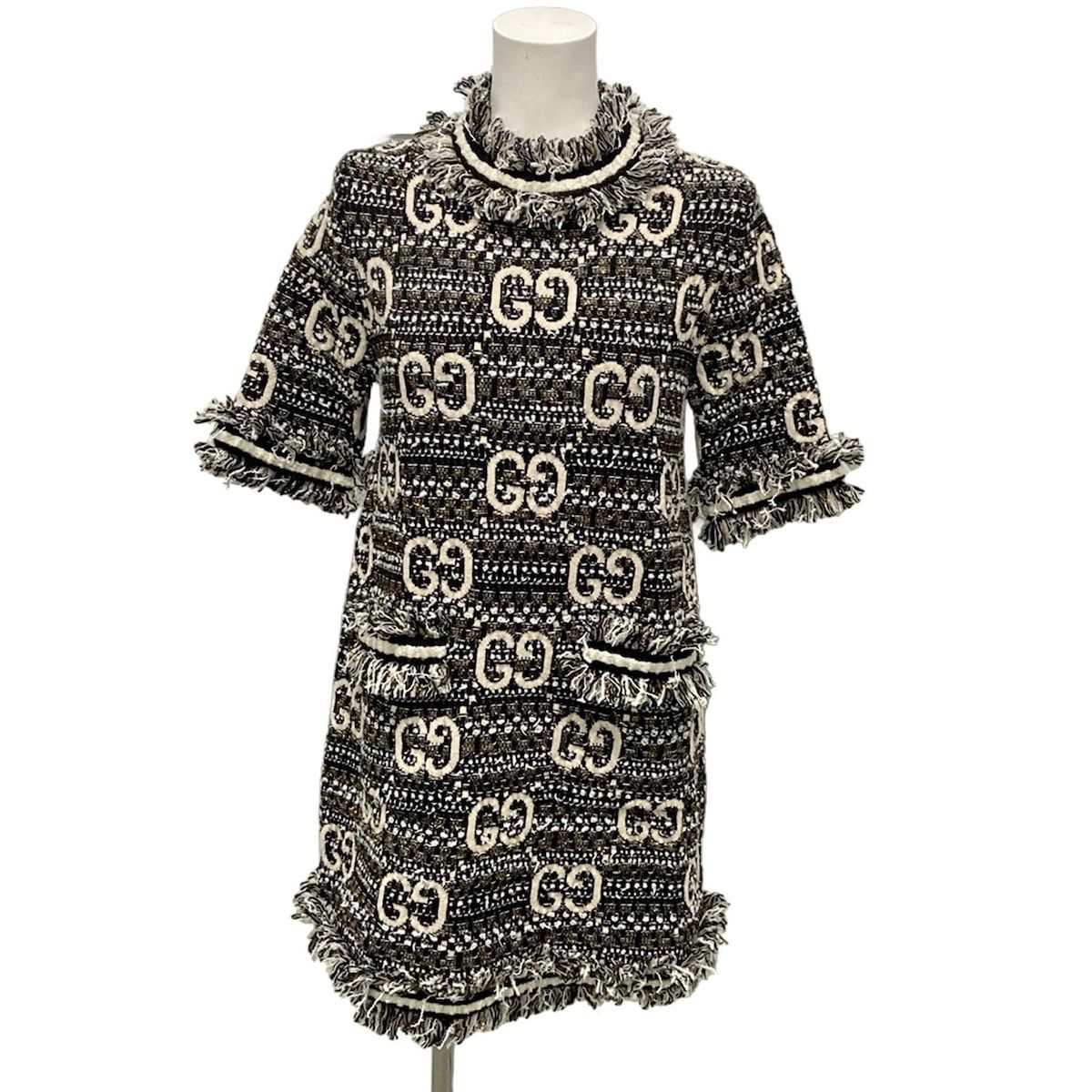 GUCCI グッチ ワンピース サイズXS レディース - 721151 黒×アイボリー×ゴールド 半袖|ひざ丈|ツイード|GG柄 コットン ウール