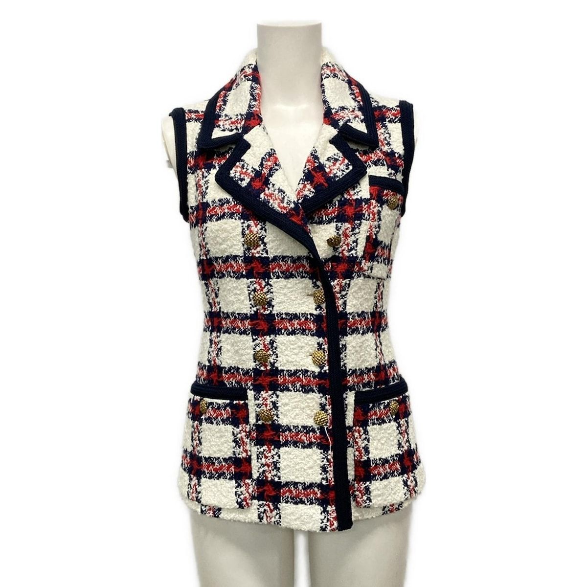 GUCCI グッチ ベスト サイズ36 S レディース 652040 白 ネイビー レッド ツイード スリーブレス ジャケット チェック柄 ウール