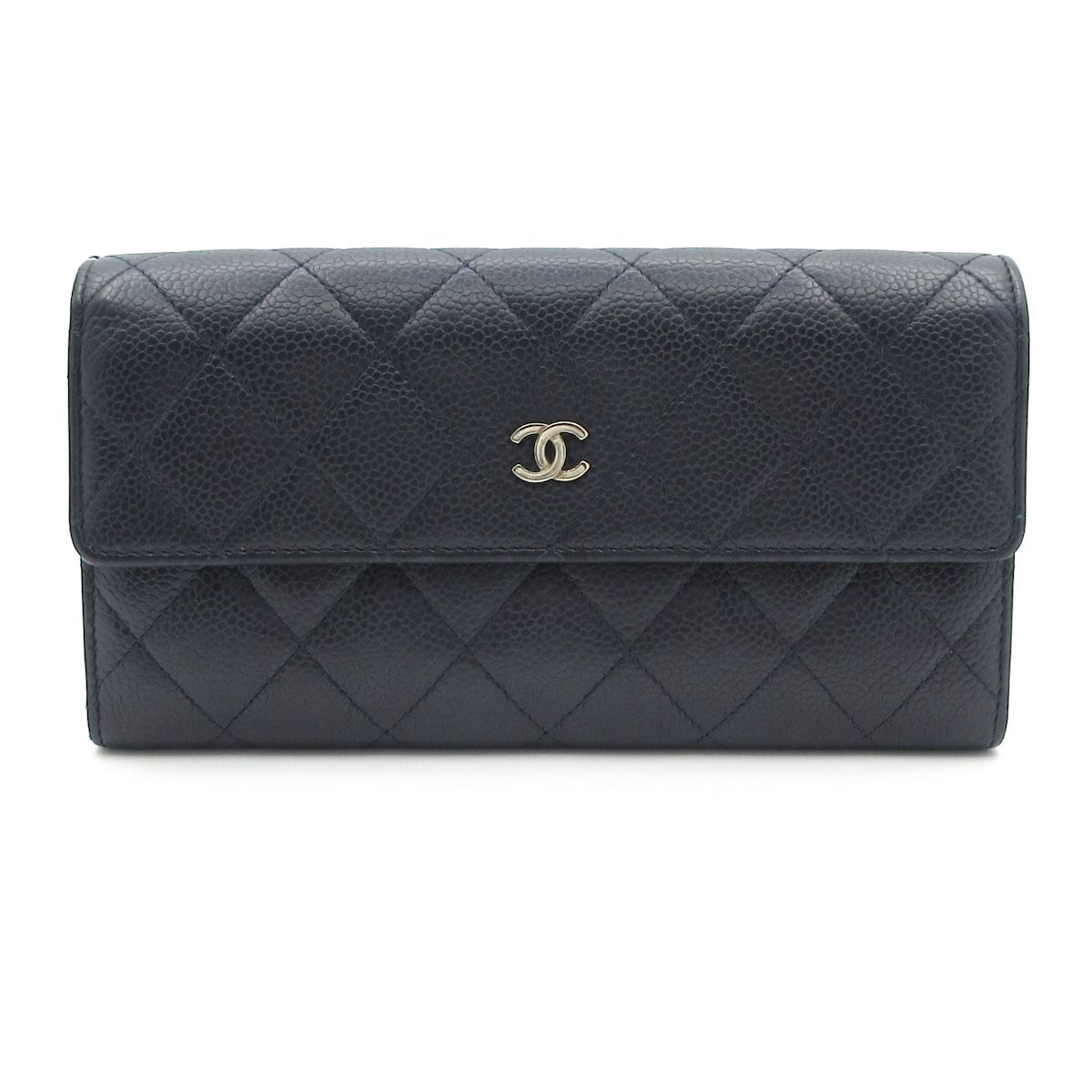 CHANEL シャネル 長財布 マトラッセ ダークネイビー×シルバー