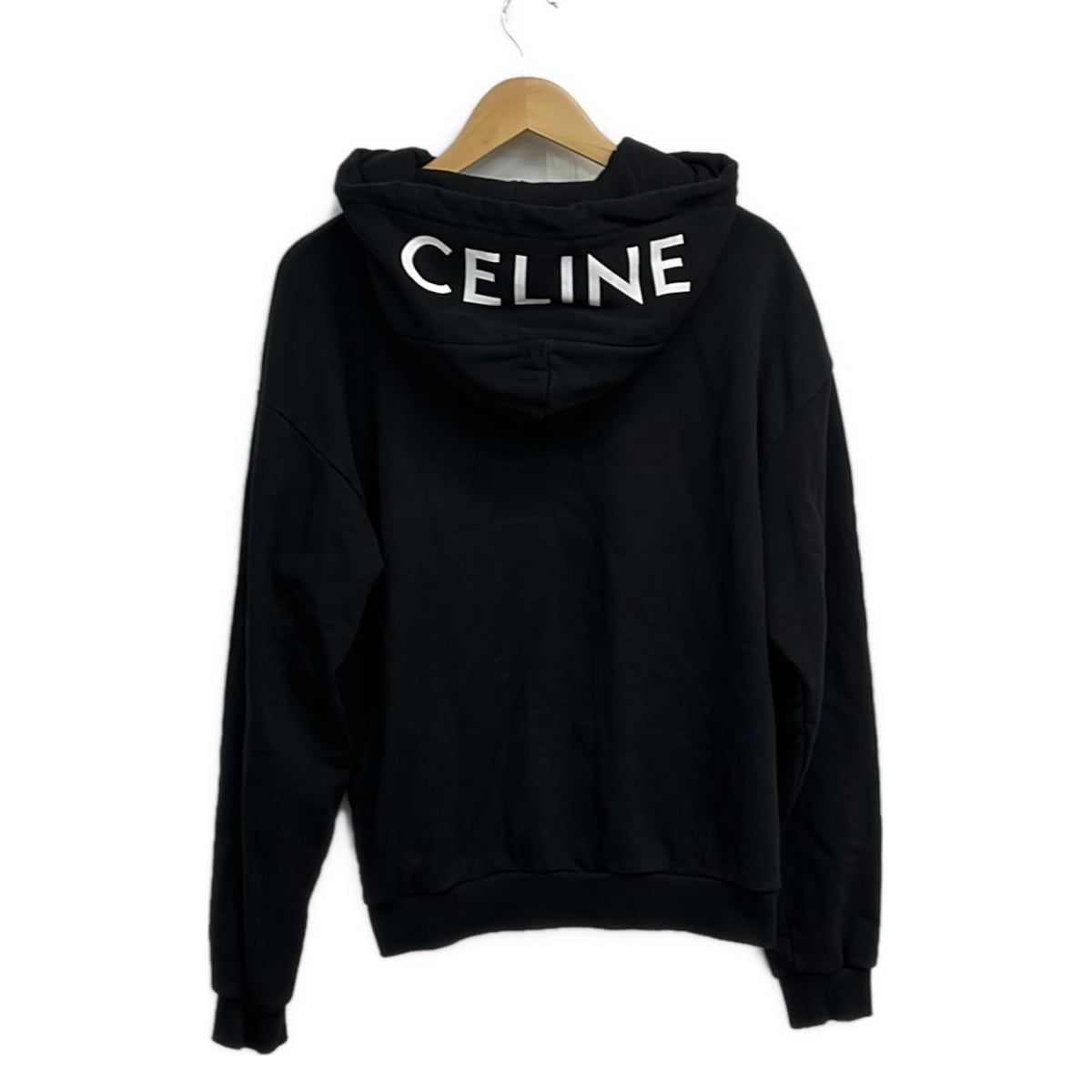 CELINE セリーヌ パーカー サイズL ルーズ ジップフーディー コットンフリース 黒×白 長袖 ロゴ ジップアップ