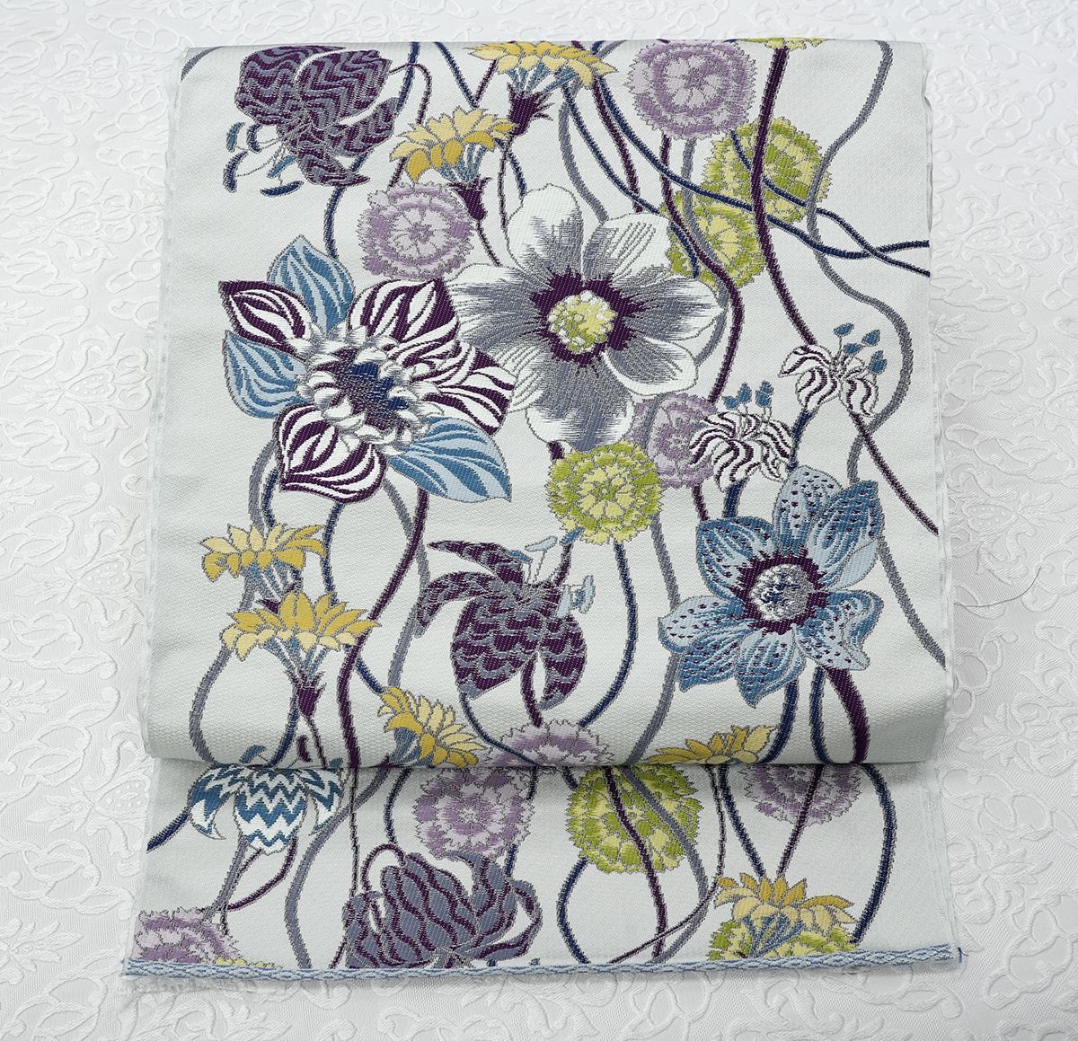 未使用 糸綾会の帯 縁起刺繍 新品未仕立 西陣織 白綾苑大庭 九寸名古屋帯 優花 水色 手縫仕立代込み