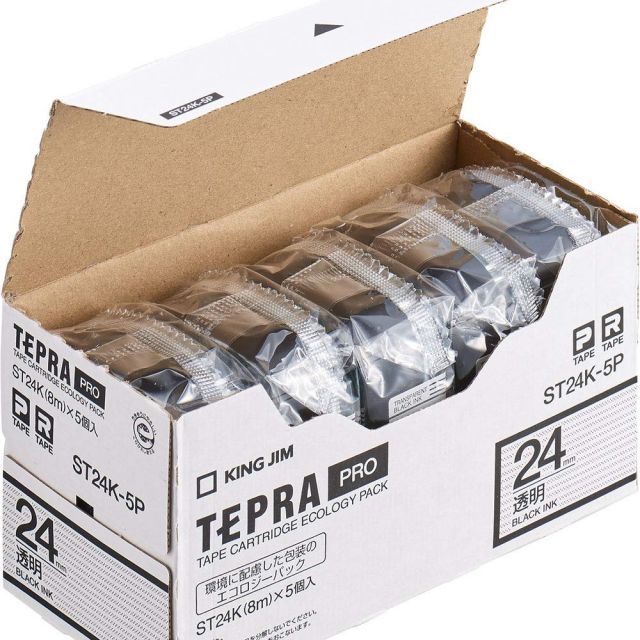 キングジム テプラPROテープカートリッジ エコパック 入 24 mm 透明ラベル 黒文字 長さ8 m ST K 5 P