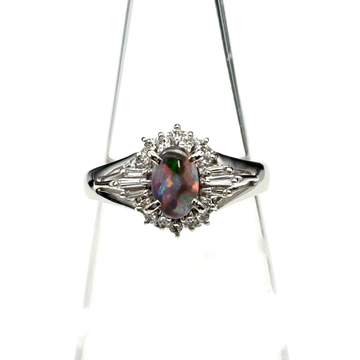 ブラックオパール デザインリング プラチナ 指輪 メレダイヤ リング 7.5号 Pt 900 ダイヤモンド レディース