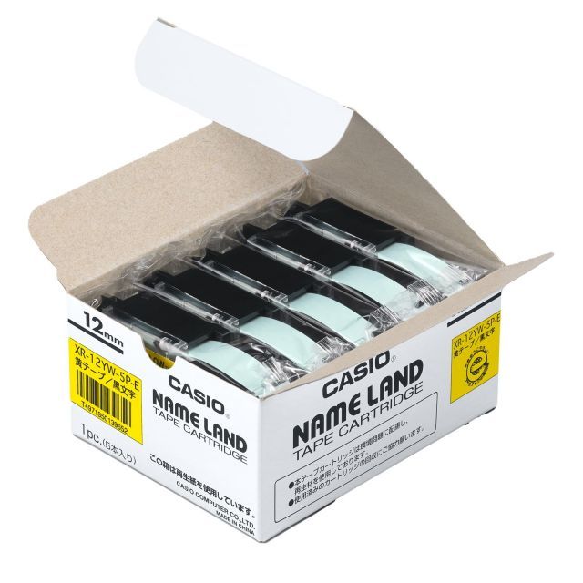 カシオ ラベルライター ネームランド テープ 12 mm XR-12 YW-5 P-E 黄地に黒文字 5本