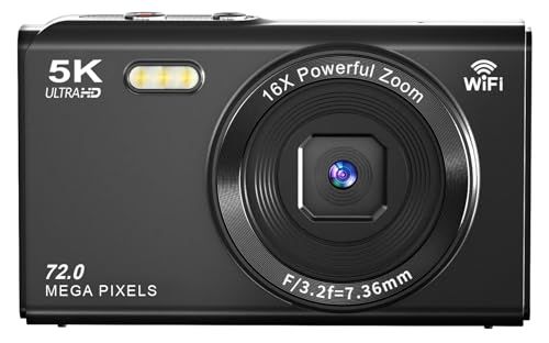 デジタルカメラ 5 K デジカメ スマホに送れる WIFI転送機能 7200万画素 64 GBマイクロSDカード付き オートフォーカス機能 16倍デジタルズーム LEDライト ウェブカメラ 2.8インチデイスプレイ バッテリー 付属 子供や初心者向けコンデジpo