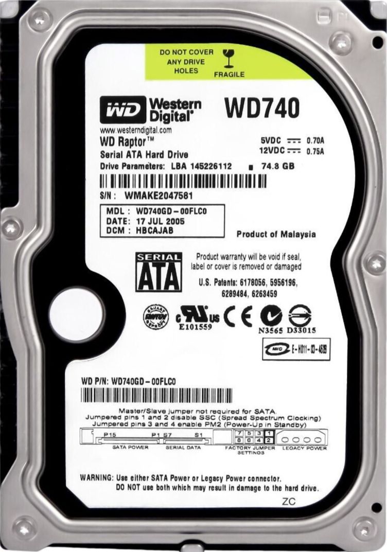 3年保証 Hard Drive WD RAPTOR 740 GD-00 FLC 0 74.3 GB 8 MB CACHE SATA 3.5 Inch