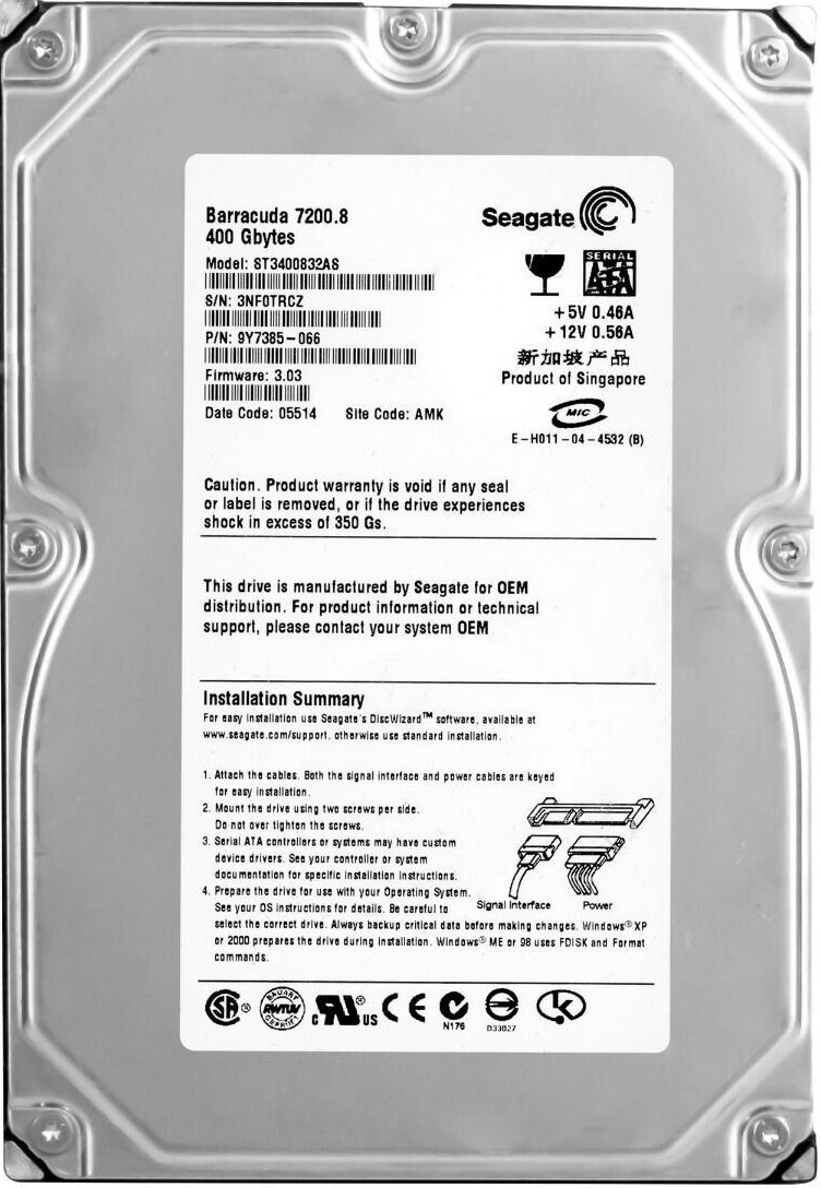 3年保証 Hard Drive Seagate barracuda 400 GB 7200 U|Min 8 MB SATA 3.5 Inch