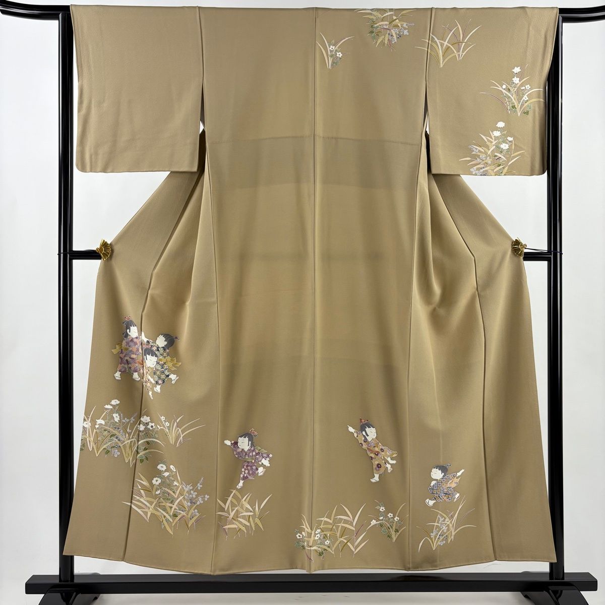訪問着 身丈155 cm 裄丈63 5 S 袷 童 草花 薄茶色 正絹 秀品