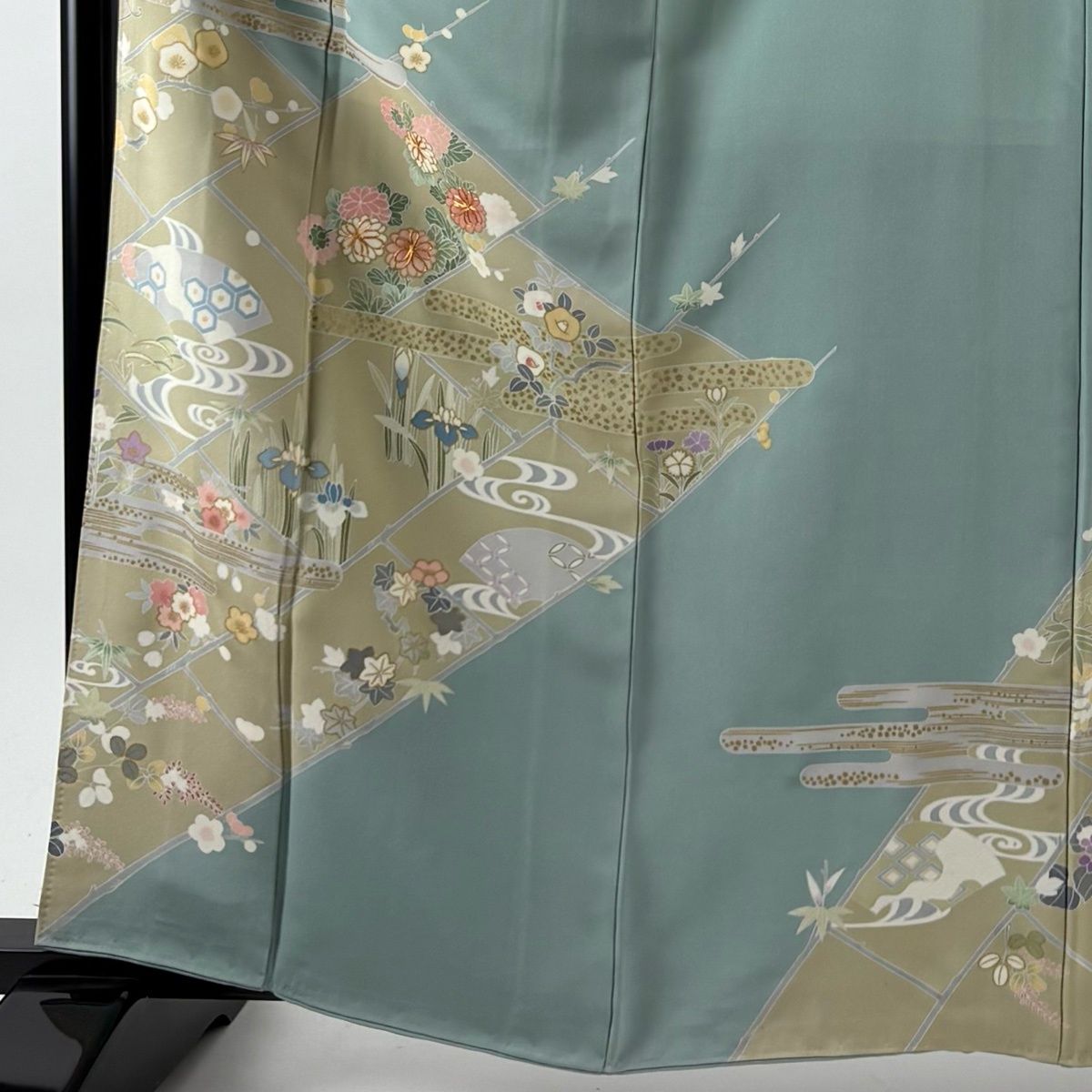 訪問着 身丈163 cm 裄丈67 M 袷 菊 ヱ霞 金糸 金彩 薄緑 正絹 秀品 一つ紋