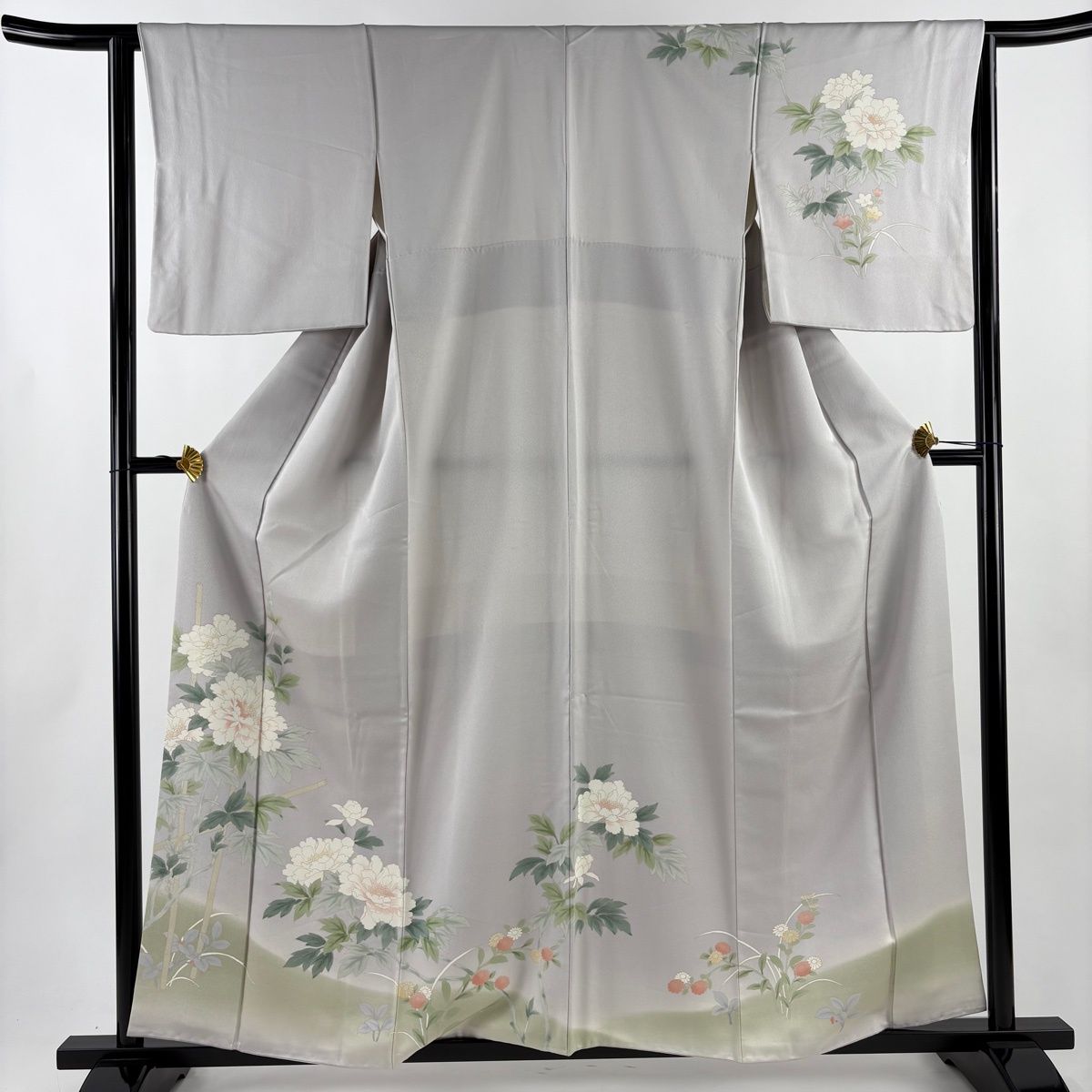 訪問着 身丈158cm 裄丈63.5cm S 袷 牡丹 ぼかし 灰色 正絹 秀品 【】