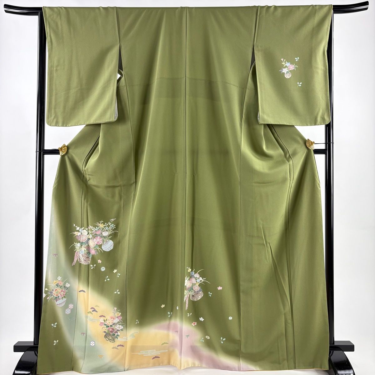 訪問着 身丈168.5 cm 裄丈65.5 M 袷 花籠 松竹梅 金彩 ぼかし よもぎ色 正絹 秀品