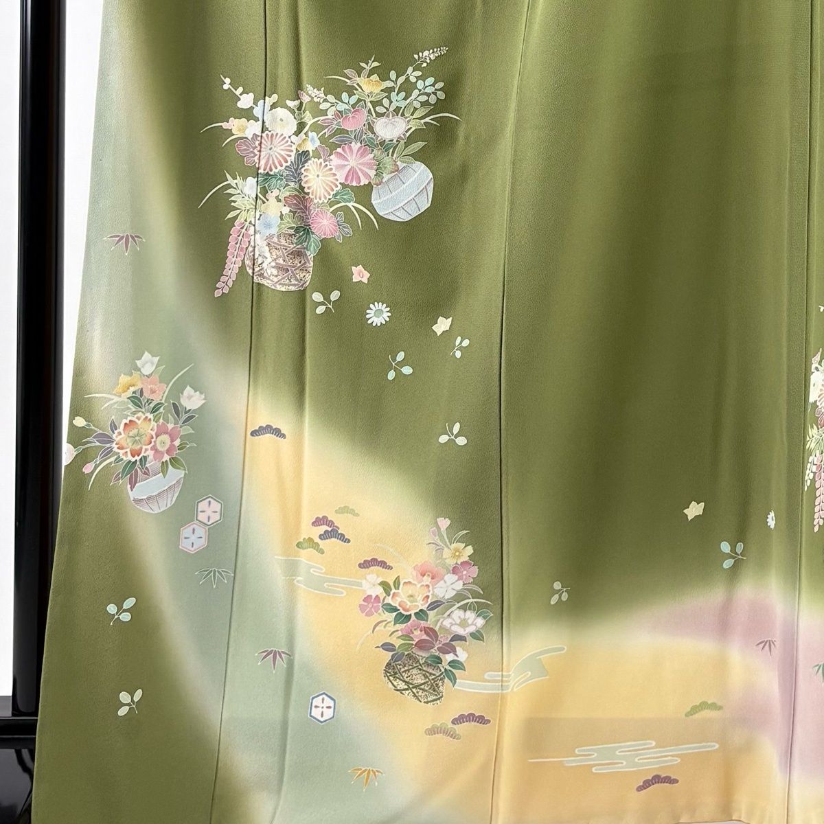 訪問着 身丈168.5 cm 裄丈65.5 M 袷 花籠 松竹梅 金彩 ぼかし よもぎ色 正絹 秀品