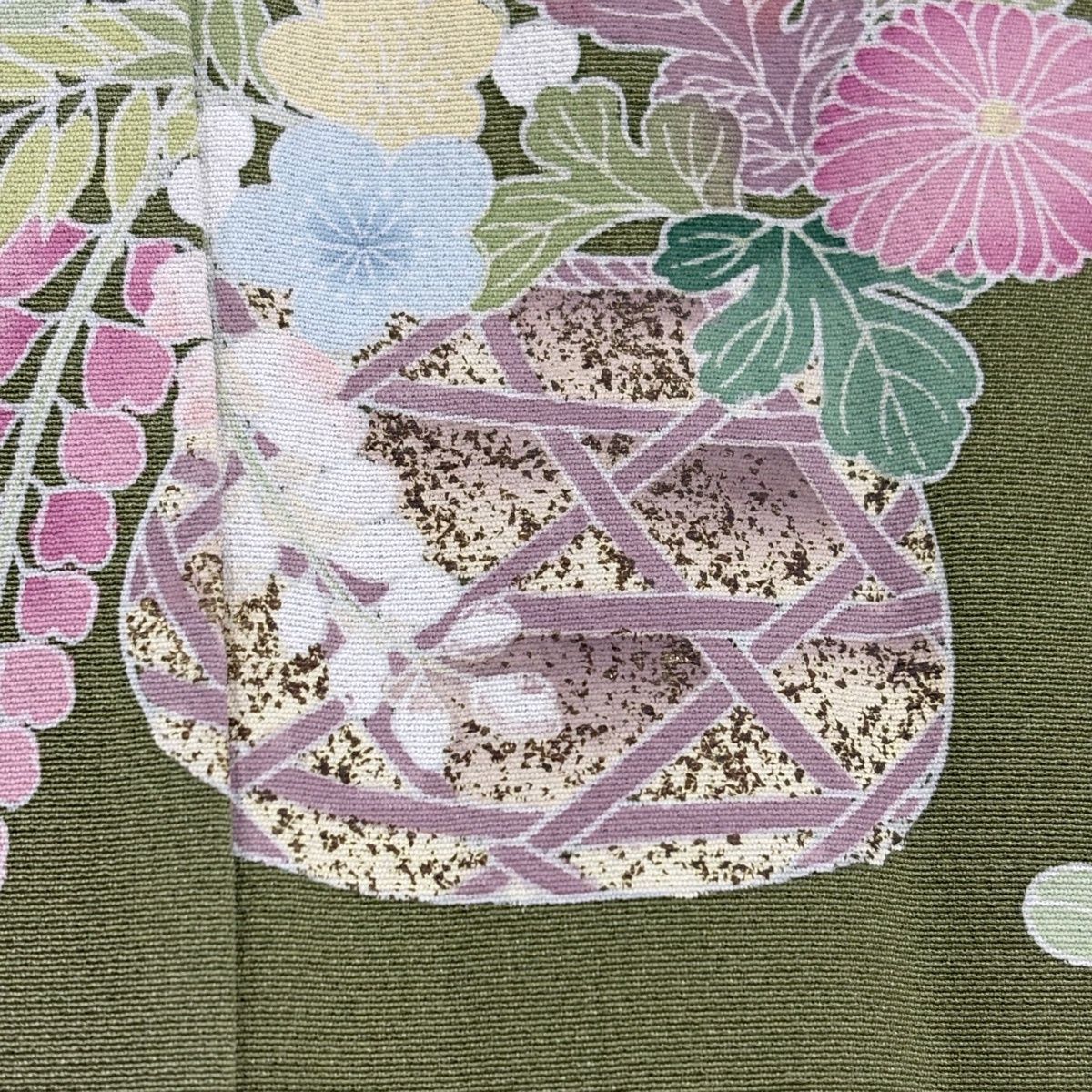  訪問着 身丈168.5 cm 裄丈65.5 M 袷 花籠 松竹梅 金彩 ぼかし よもぎ色 正絹 秀品 訪問着 付け下げ 着物