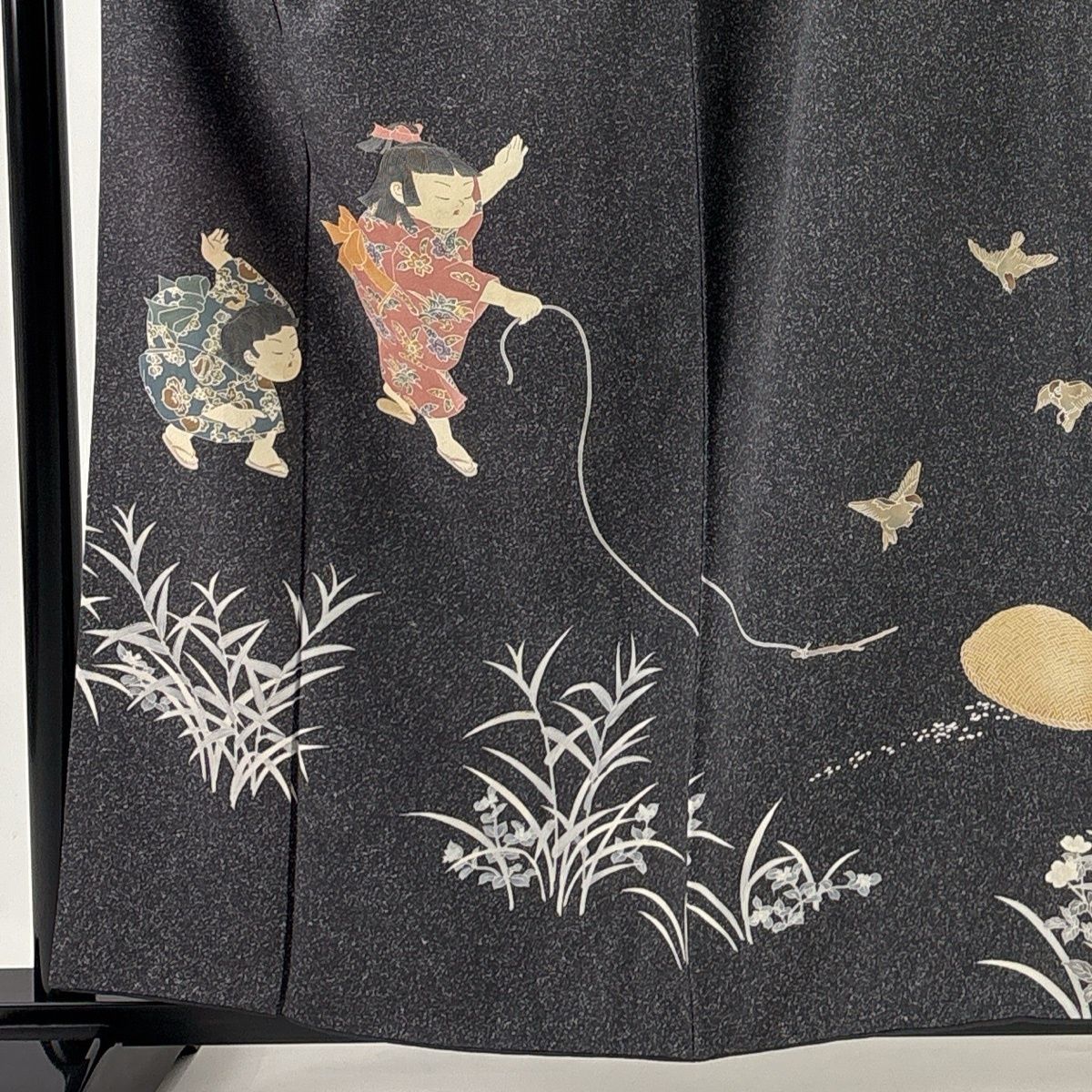 訪問着 身丈159 cm 裄丈66 M 袷 関口遼一 落款 童 雀 黒灰 正絹 秀品