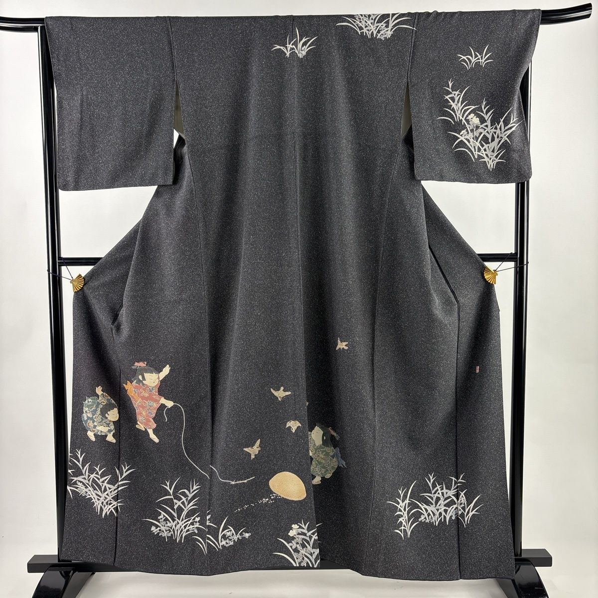 訪問着 身丈159 cm 裄丈66 M 袷 関口遼一 落款 童 雀 黒灰 正絹 秀品