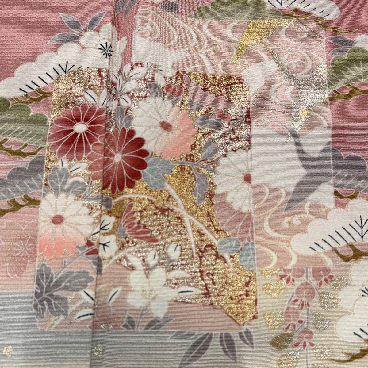  訪問着 身丈156 cm 裄丈63.5 S 袷 破れ色紙 松竹梅 金銀彩 染分け ピンク 正絹 秀品 訪問着 付け下げ 着物
