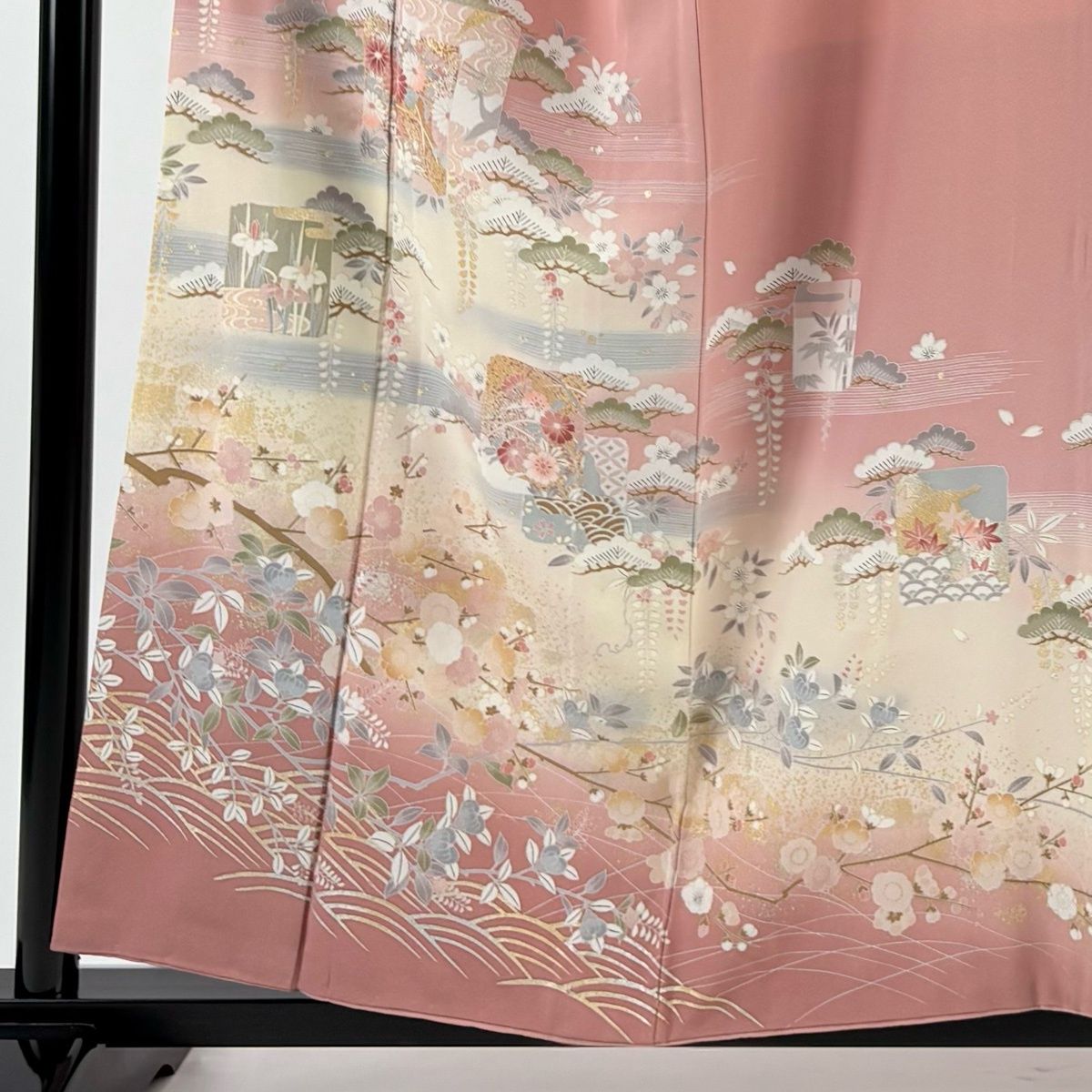 訪問着 身丈156 cm 裄丈63.5 S 袷 破れ色紙 松竹梅 金銀彩 染分け ピンク 正絹 秀品