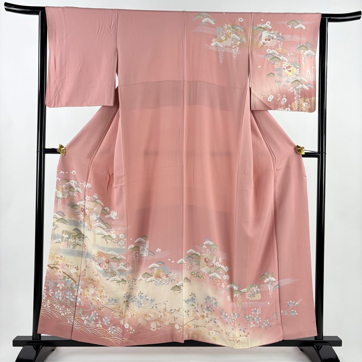 訪問着 身丈156 cm 裄丈63 5 S 袷 破れ色紙 松竹梅 金銀彩 染分け ピンク 正絹 秀品