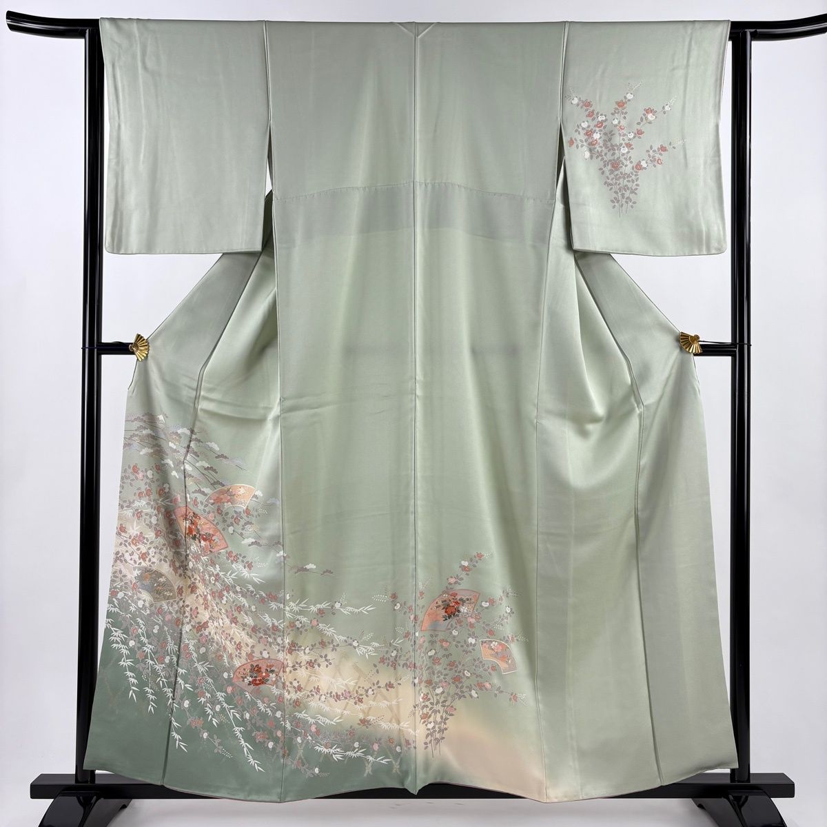 訪問着 身丈158 cm 裄丈63 S 袷 松竹梅 扇面 金銀彩 ぼかし 薄緑 正絹 秀品