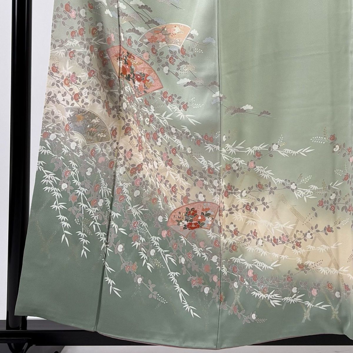 訪問着 身丈158 cm 裄丈63 S 袷 松竹梅 扇面 金銀彩 ぼかし 薄緑 正絹 秀品