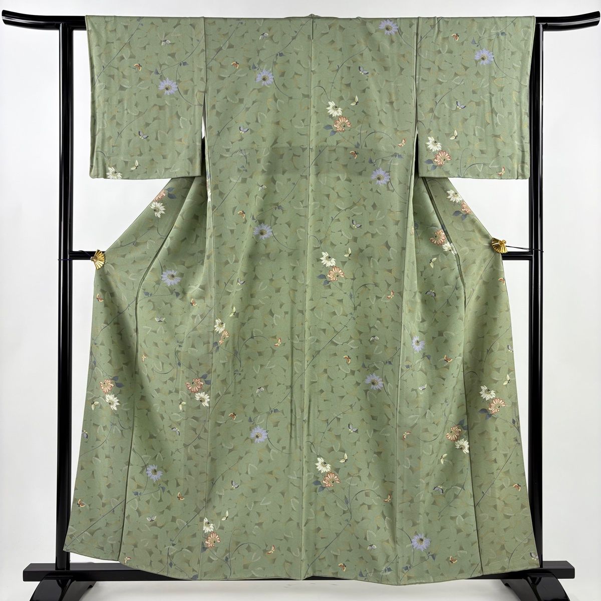 小紋 身丈159 cm 裄丈62 S 袷 草花 蝶 金銀彩 よもぎ色 正絹 秀品