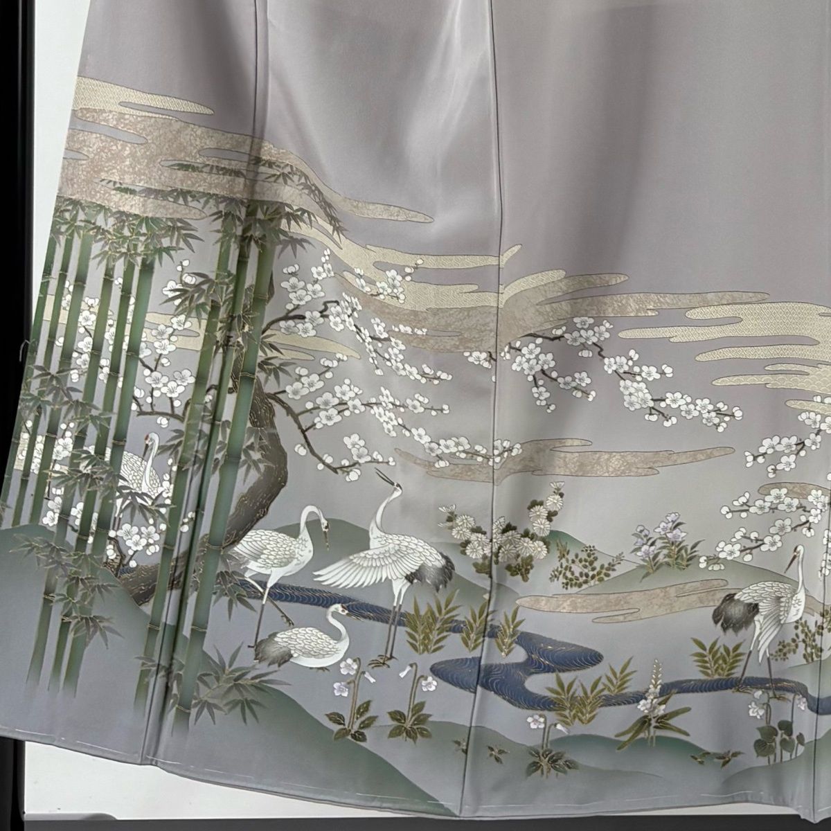 色留袖 身丈153 cm 裄丈66 M 袷 竹 鶴 金彩 ぼかし 灰紫 正絹 秀品 一つ紋