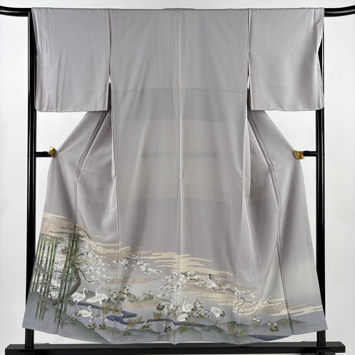 色留袖 身丈153 cm 裄丈66 M 袷 竹 鶴 金彩 ぼかし 灰紫 正絹 秀品 一つ紋