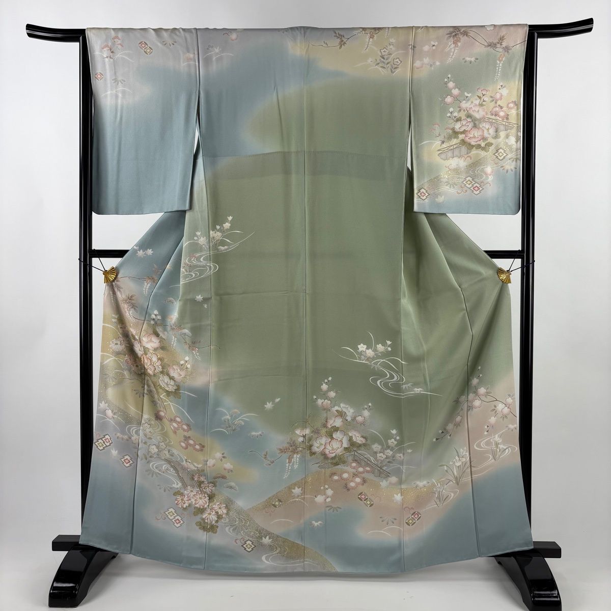 訪問着 身丈164 cm 裄丈64.5 M 袷 牡丹 流水 金糸 金彩 青灰色 正絹 秀品