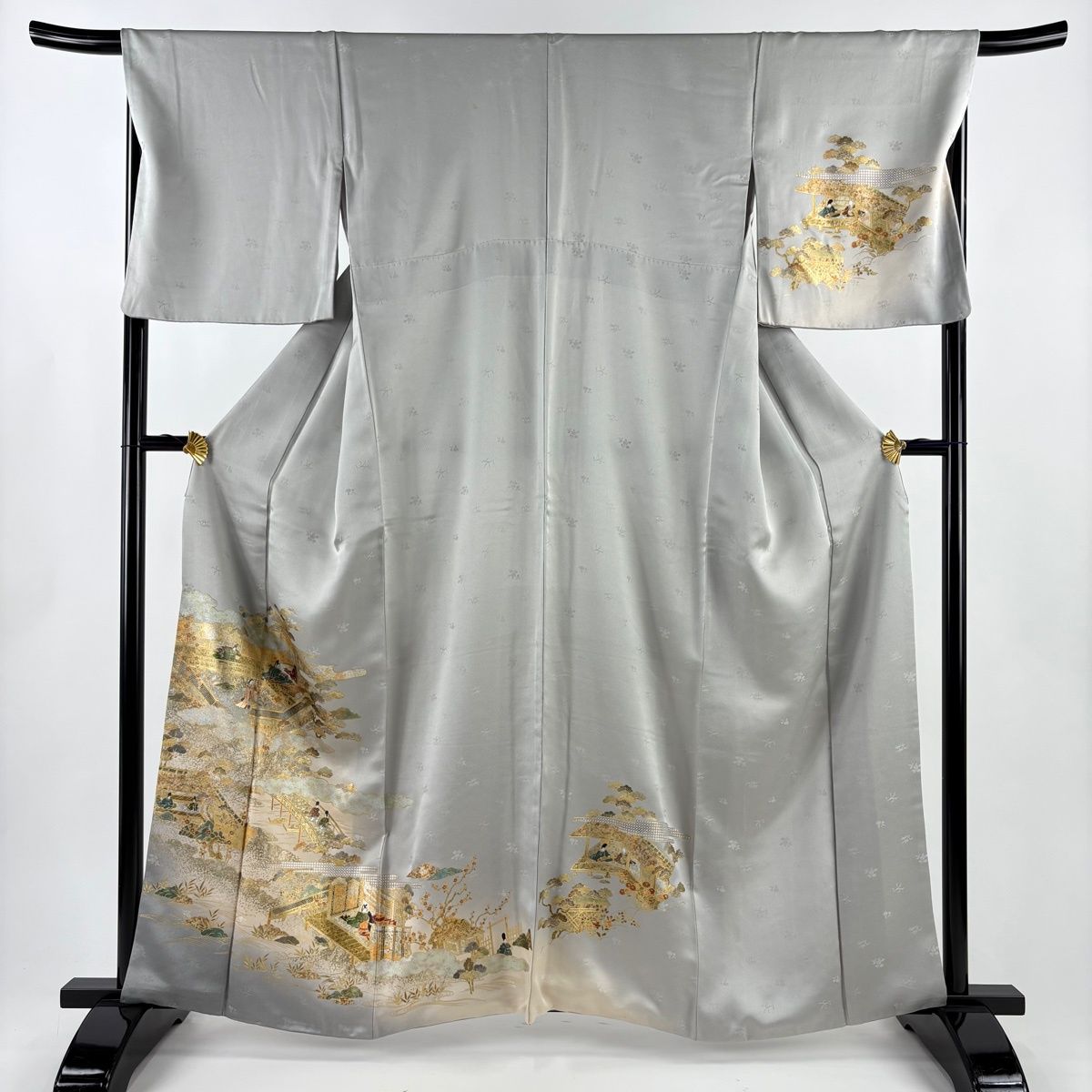 訪問着 身丈161 5 cm 裄丈68 L 袷 風景 人物 金銀彩 ぼかし 灰色 正絹 秀品