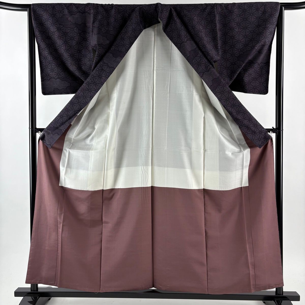  紬 身丈158 5 cm 裄丈64 M 袷 証紙 雲文 麻の葉 濃紫 正絹 秀品 紬 着物