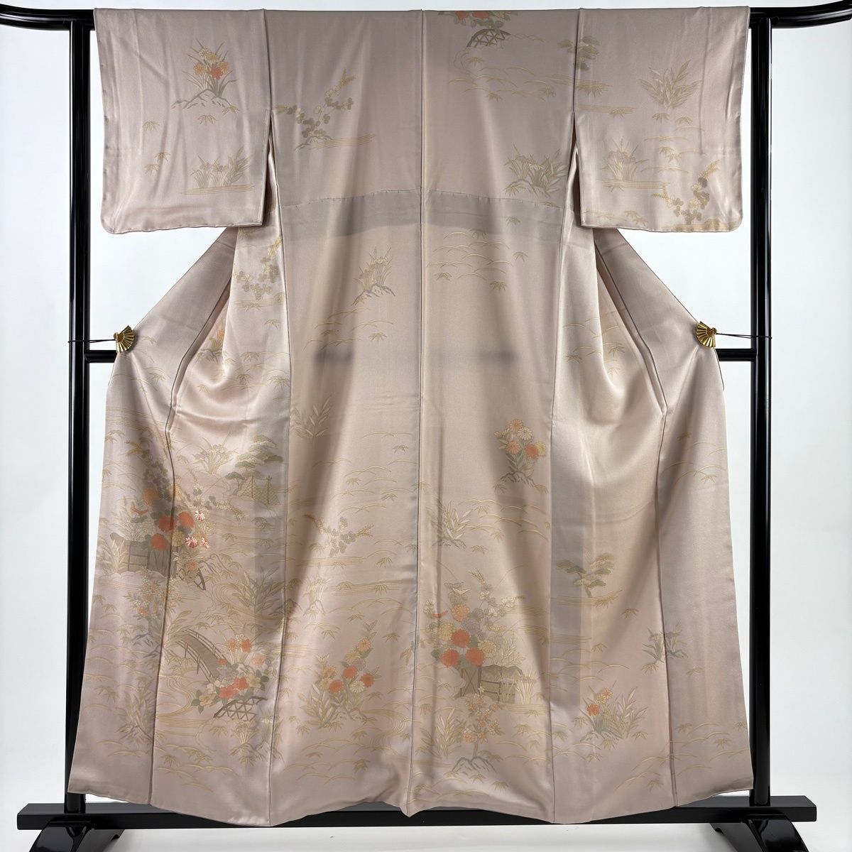 訪問着 身丈158 cm 裄丈62 S 袷 草花 橋 刺繍 金彩 薄小豆 正絹 秀品