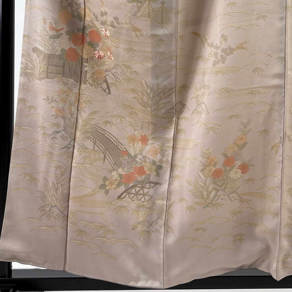 訪問着 身丈158 cm 裄丈62 S 袷 草花 橋 刺繍 金彩 薄小豆 正絹 秀品