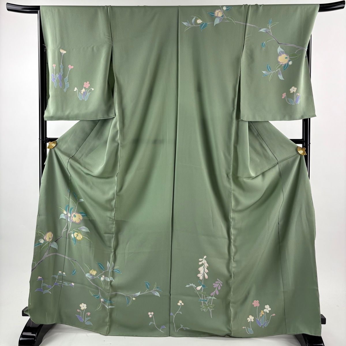 訪問着 身丈169 5 cm 裄丈69 未仕立て 仮絵羽 枝花 金糸 ラメ箔 薄緑 正絹 秀品
