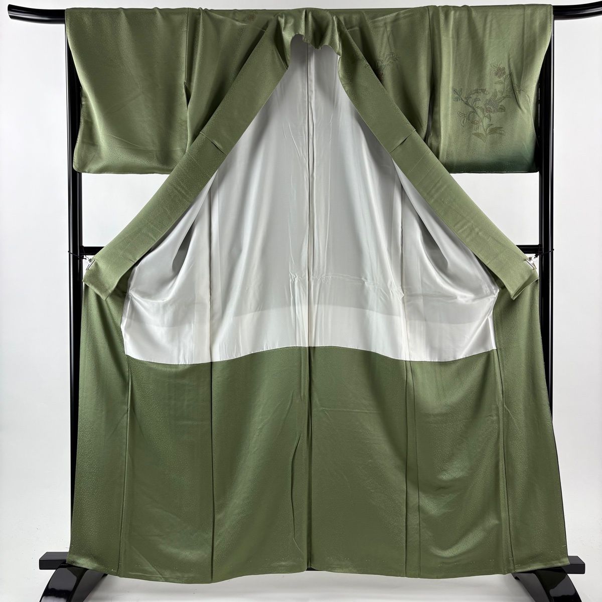  訪問着 身丈161 5 cm 裄丈67 M 袷 華文 花唐草 刺繍 ぼかし よもぎ色 正絹 秀品 訪問着 付け下げ 着物