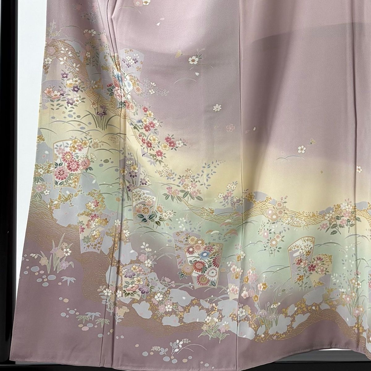 訪問着 身丈156.5 cm 裄丈68 L 袷 草花 波 金彩 ぼかし 薄紫 正絹 秀品 一つ紋