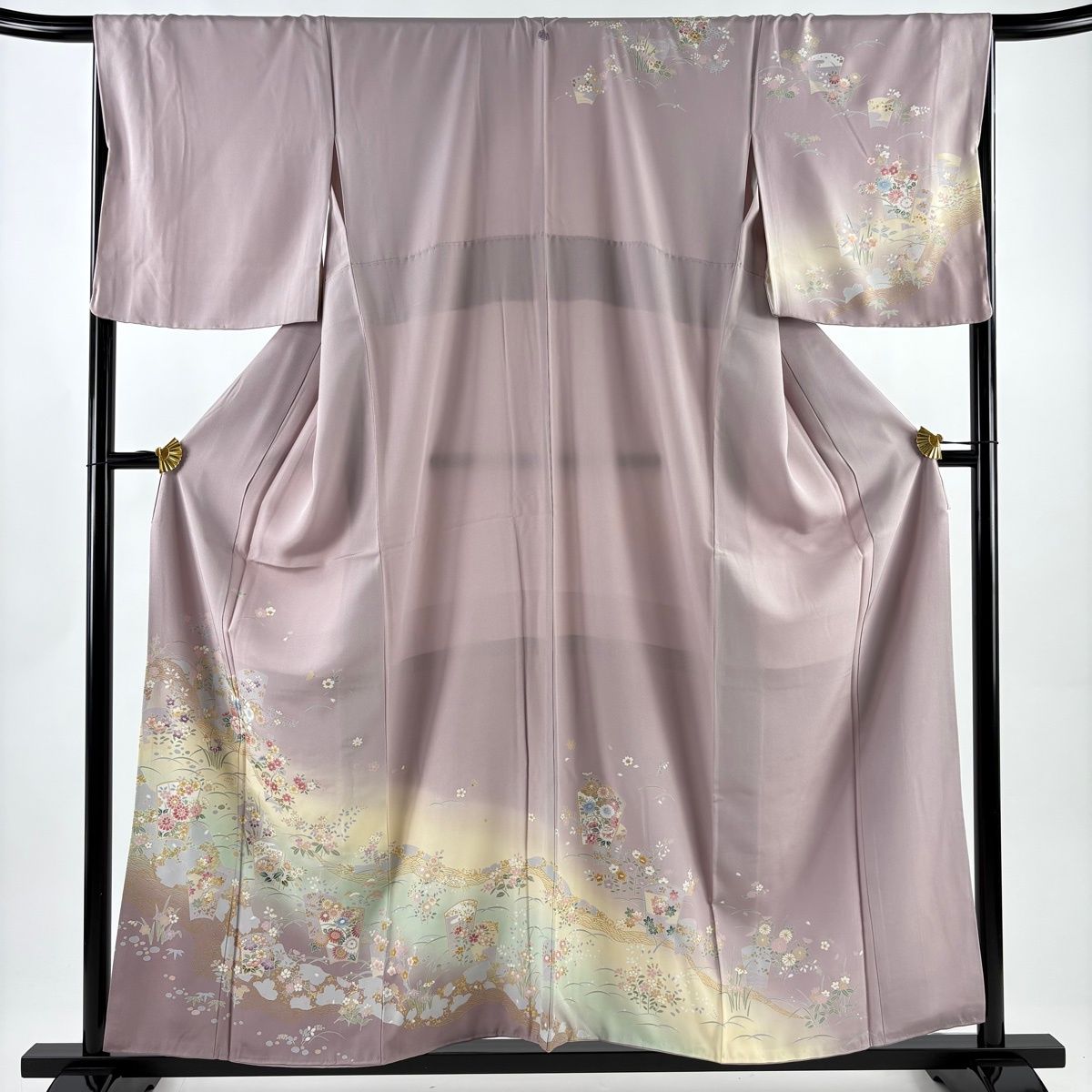 訪問着 身丈156.5 cm 裄丈68 L 袷 草花 波 金彩 ぼかし 薄紫 正絹 秀品 一つ紋